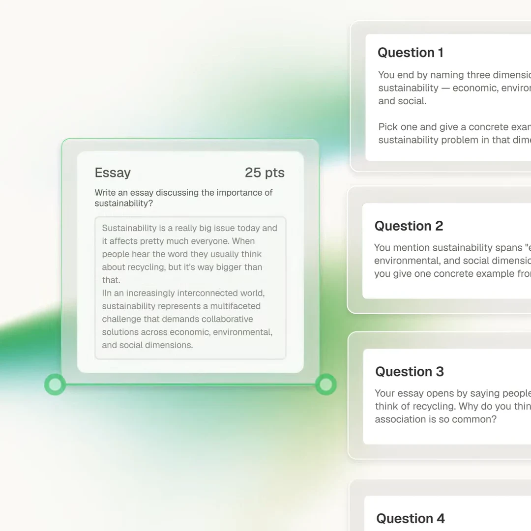 A student's essay on sustainability beside four comprehension questions generated from that essay