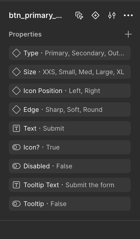 The old Button's Figma properties: Type with Primary, Secondary and more; Size from XXS to XL; Icon Position; Edge with Sharp, Soft and Round; Text; Icon?; Disabled; Tooltip Text; and Tooltip