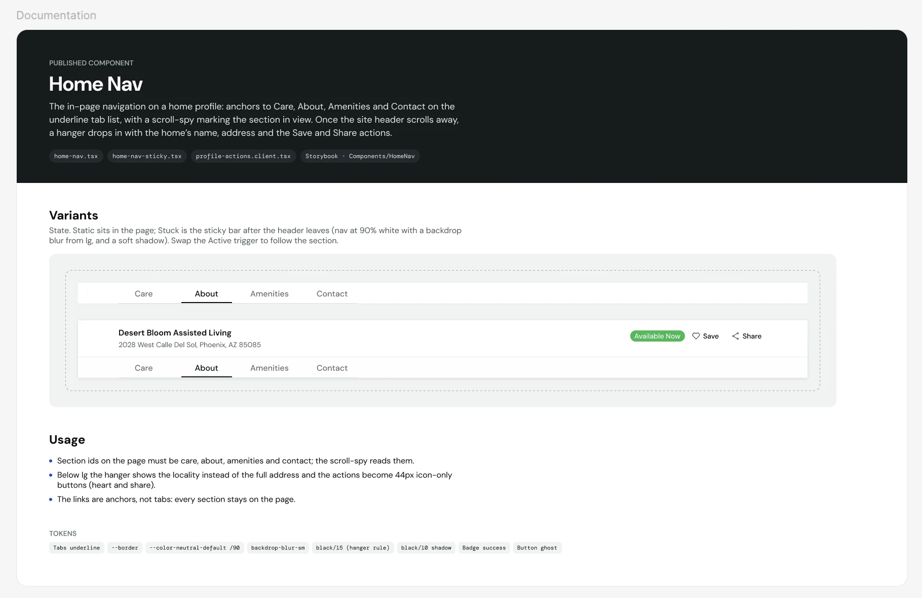 Figma documentation for the Home Nav component: a description, its static and stuck variants, usage notes and the tokens it uses