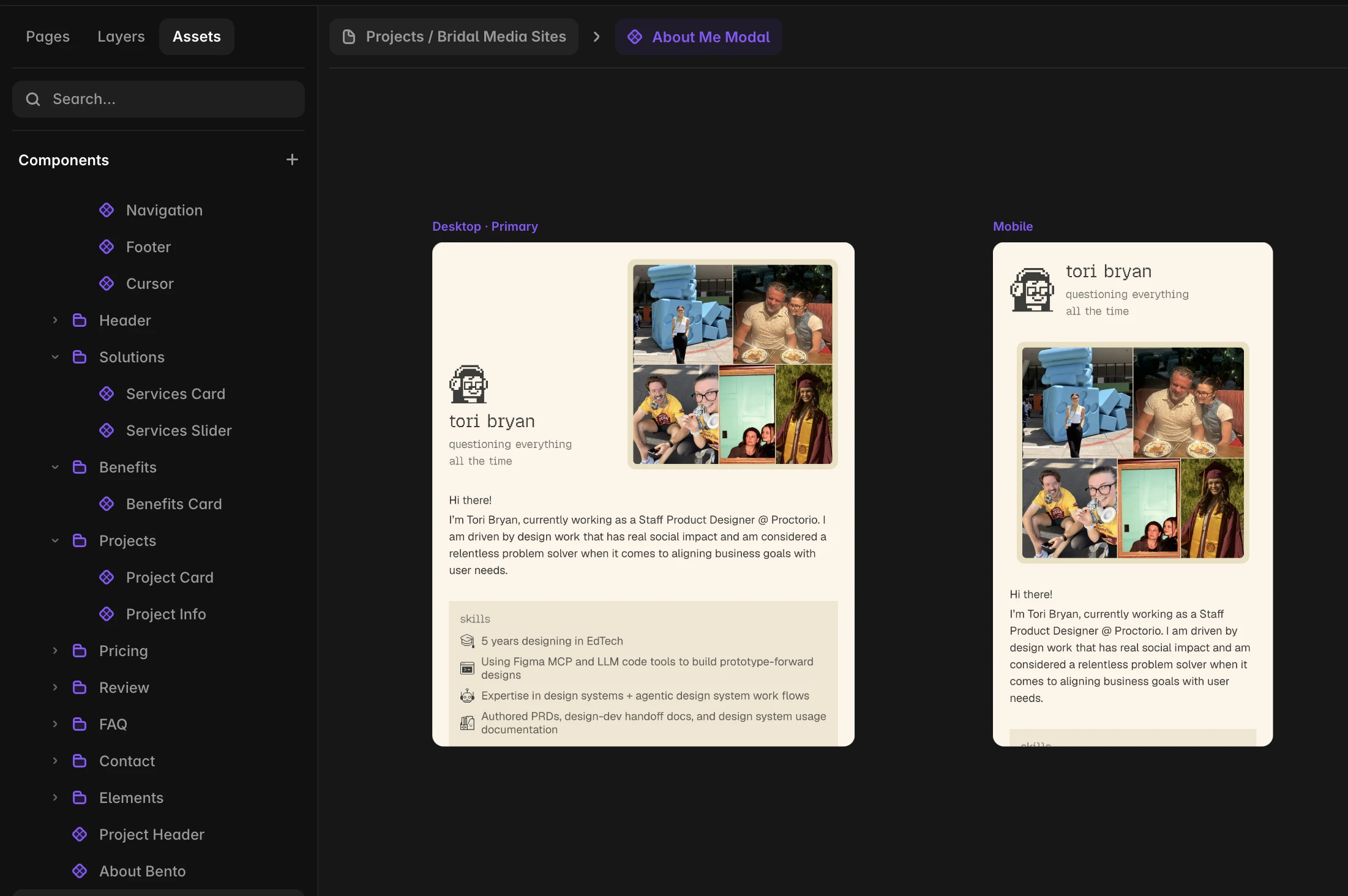 Desktop and mobile layouts of the about-me modal in Figma, showing the avatar, skills, interests, and photo grid