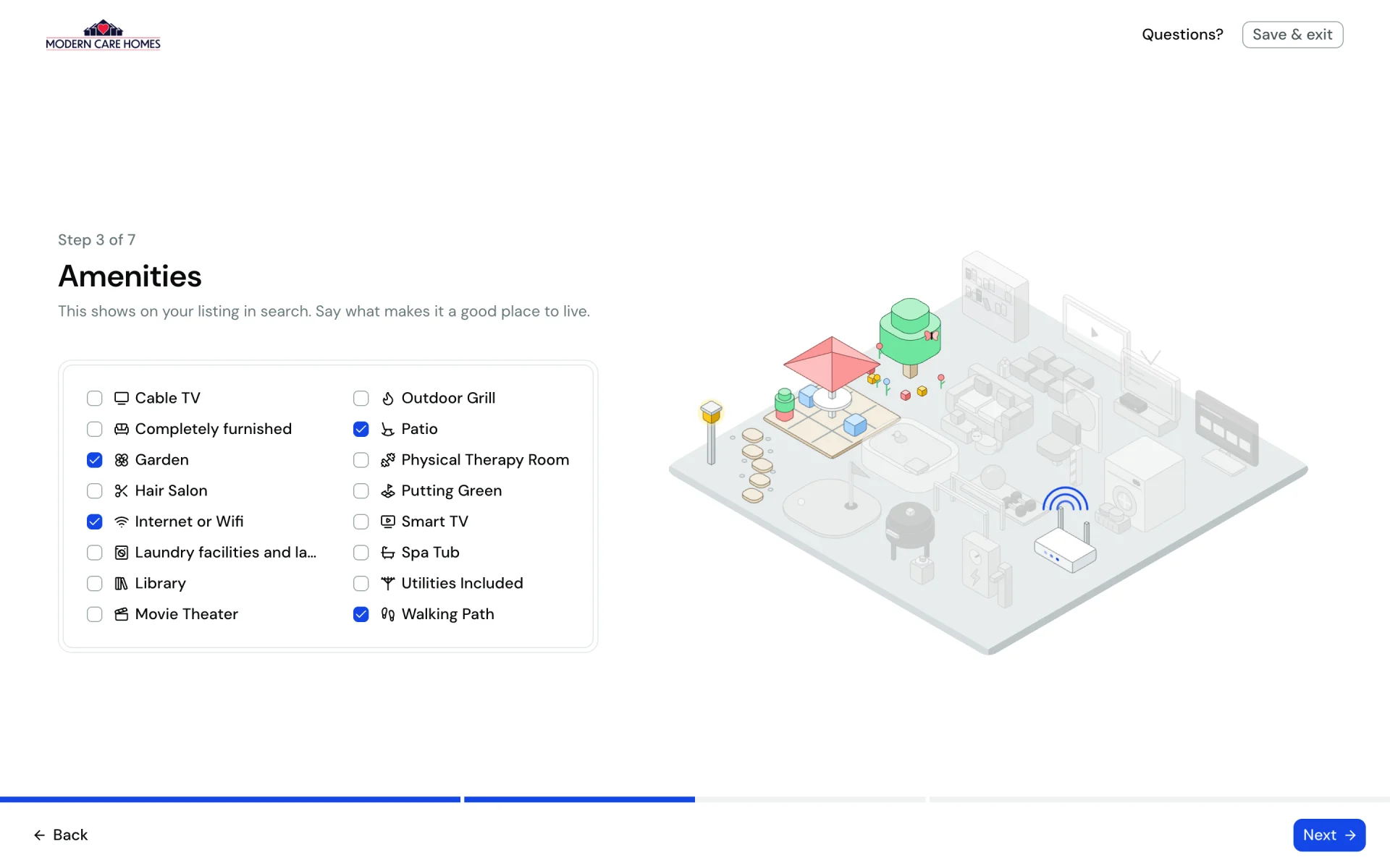 Shipped amenities step: a detailed yard with a garden, patio umbrella, walking path and wifi router