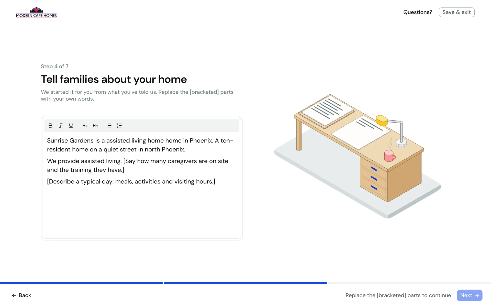 Shipped About step: a pre-written draft with bracketed prompts, beside a writing desk with a letter, lamp and mug