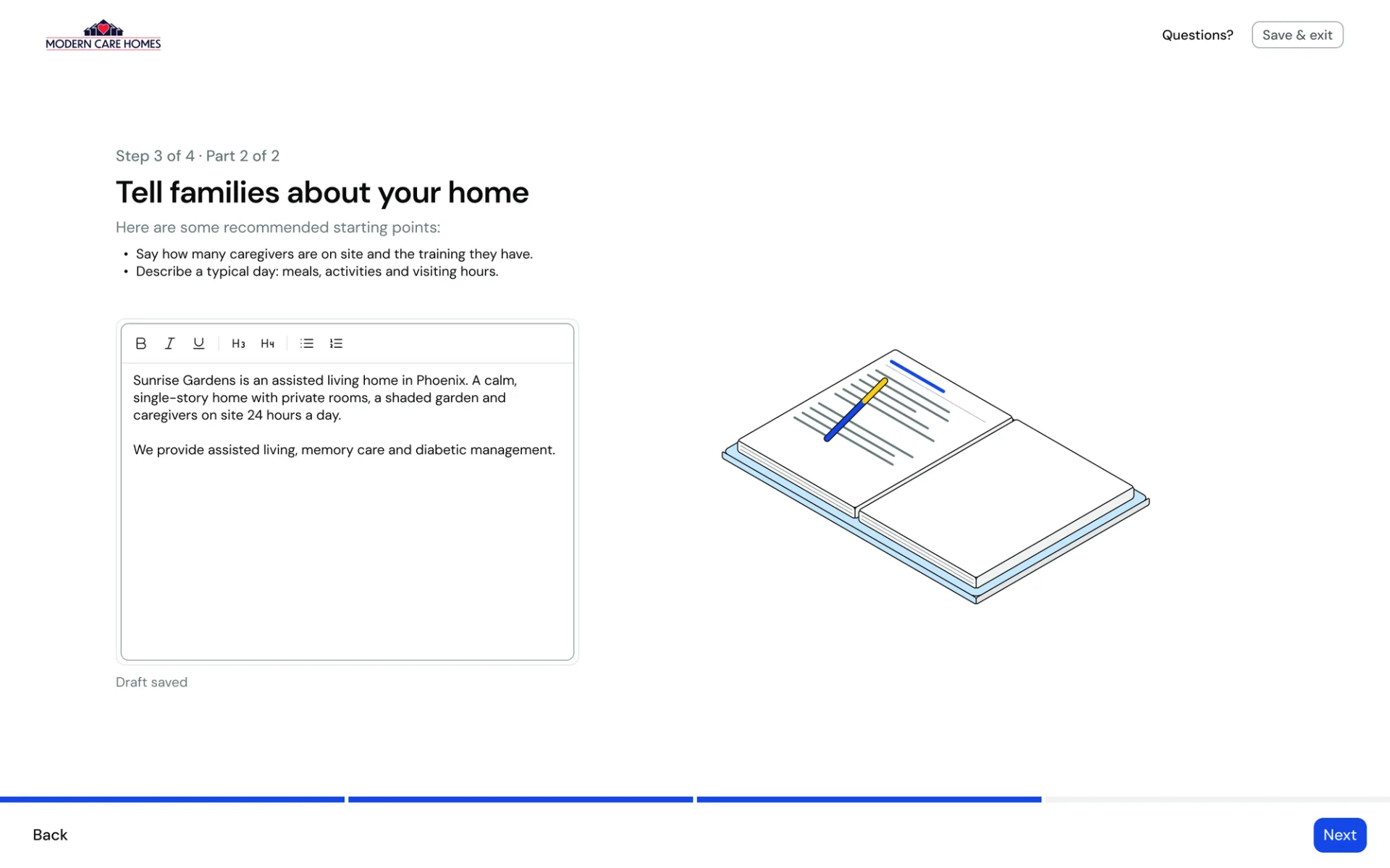 Early About step: tips listed above a rich text editor, beside an open book with a pen