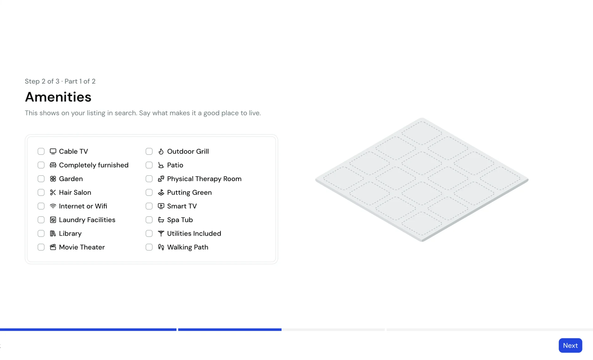 Early amenities step: an empty isometric grid of dashed plots beside the checklist