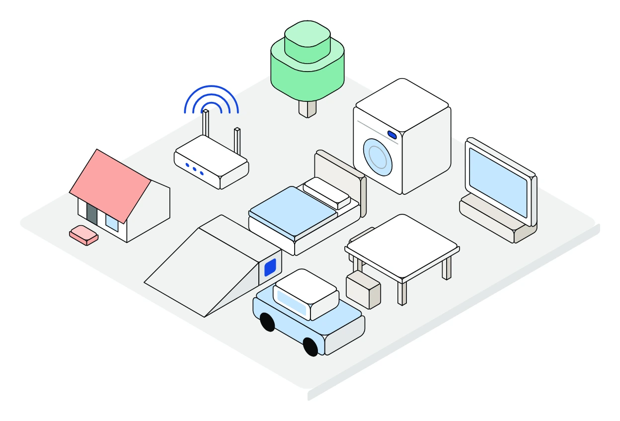 A sparse isometric amenities scene in thin line art: a house, a router, a tree, a washer, a TV, a bed, a table and a car on a gray plate