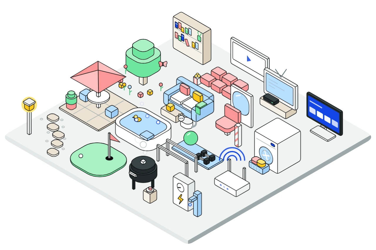 The shipped amenities yard with every amenity on: a patio umbrella, a putting green, a hot tub with a rubber duck, a sofa, a library shelf, a gym, a washer, a router and screens, in clean outlines and brand colors