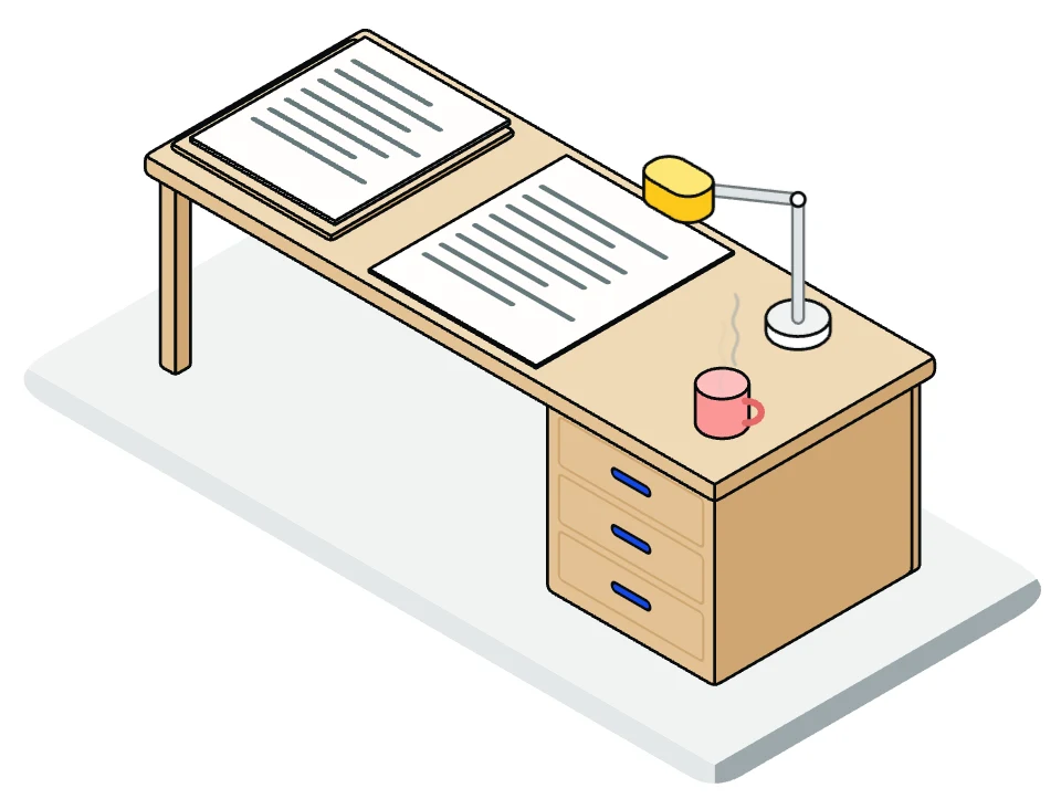 A writing desk with a letter, a lamp and a mug