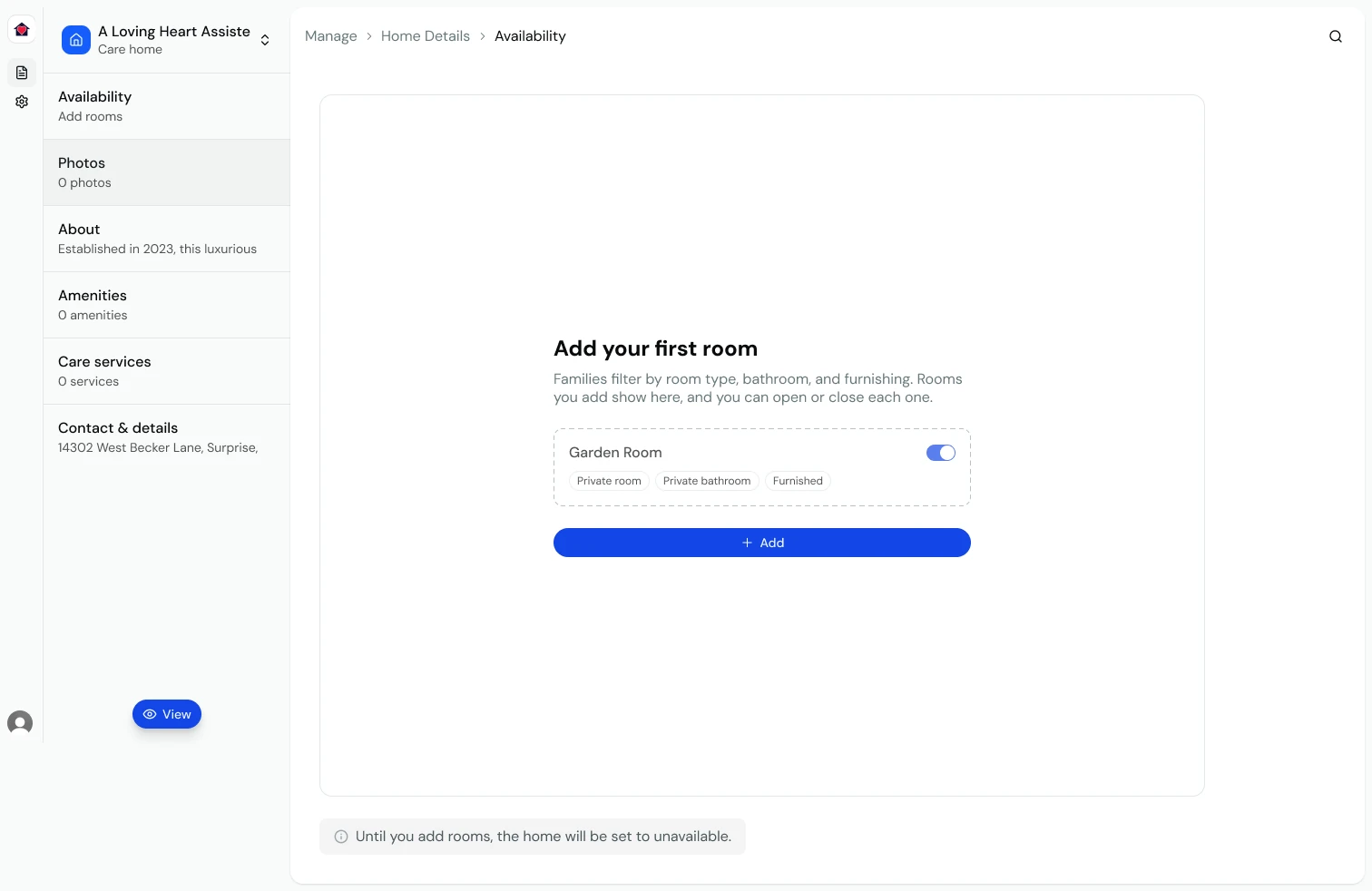 The Availability empty state: Add your first room, an example Garden Room card, an Add button, and a note that the home is unavailable until rooms are added