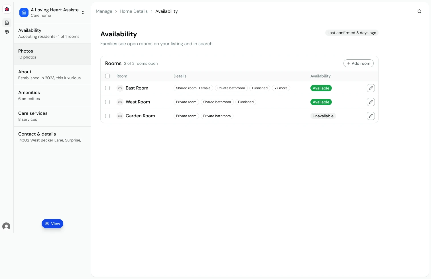 The Availability page: a Last confirmed 3 days ago badge, and a rooms table with East, West and Garden Room, their details as chips, and Available or Unavailable status
