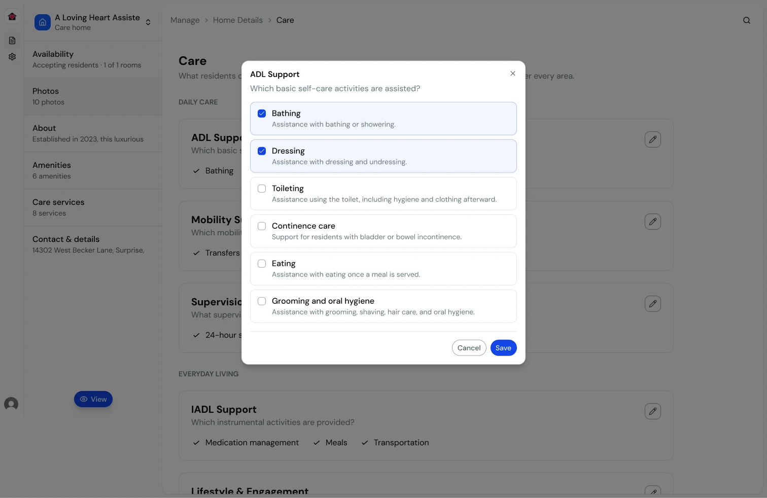 The Manage dashboard's Care page with the ADL Support dialog open: six services, each with a one-line definition, Bathing and Dressing checked