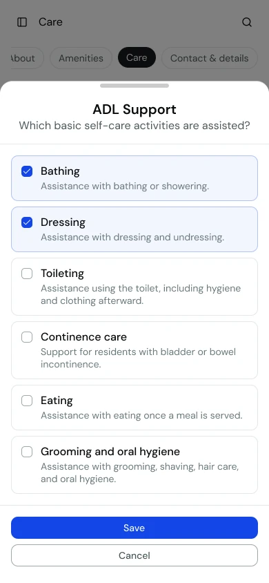The ADL Support editor as a bottom drawer on a phone, with Save and Cancel stacked at the bottom