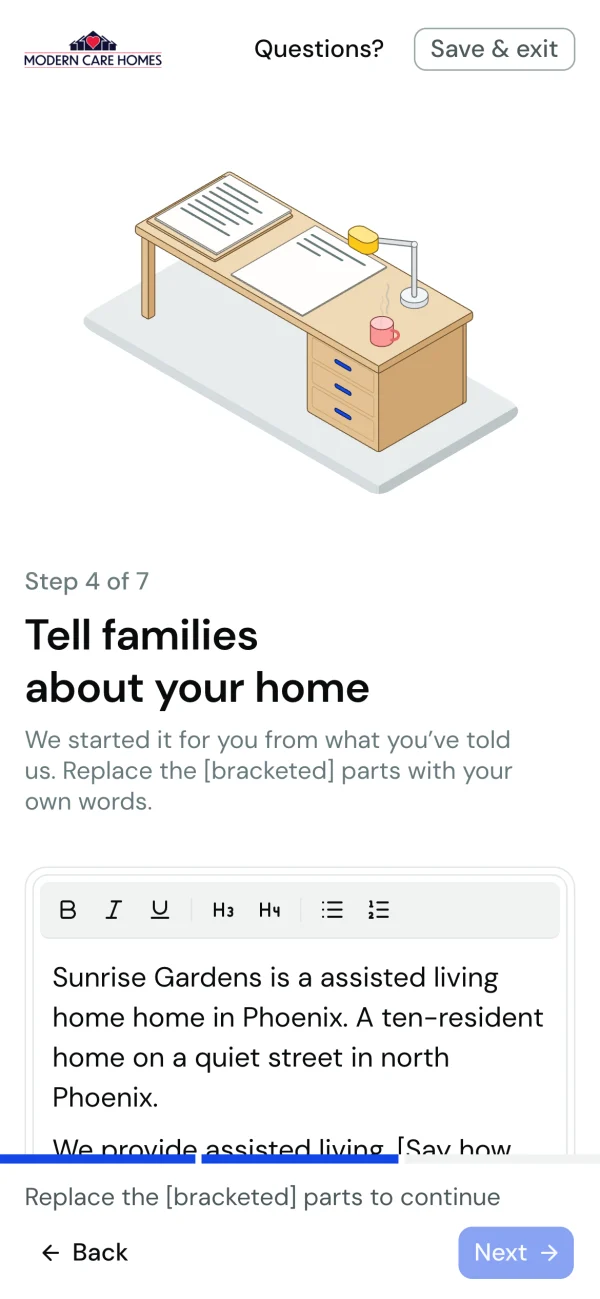 About: a pre-written draft with bracketed gaps to fill, under a writing desk