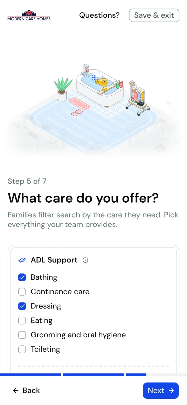 The shipped care step on a phone: the camera close on the bathing plot, above the ADL Support checklist with Bathing and Dressing checked