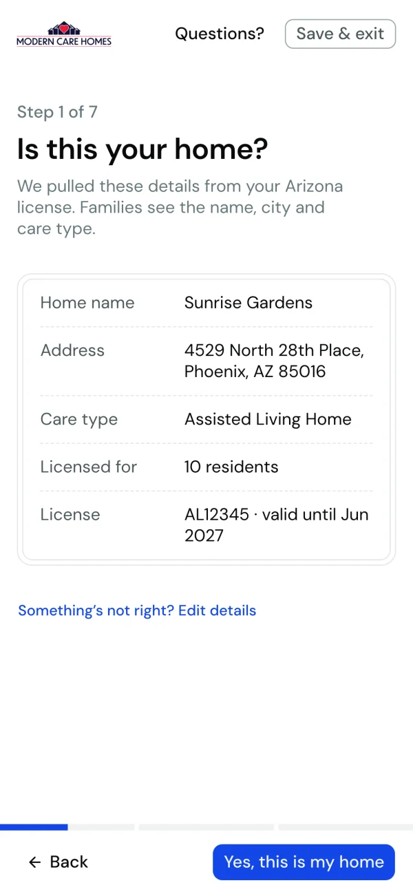 Confirm: Is this your home? Name, address, care type, capacity and license from the Arizona record