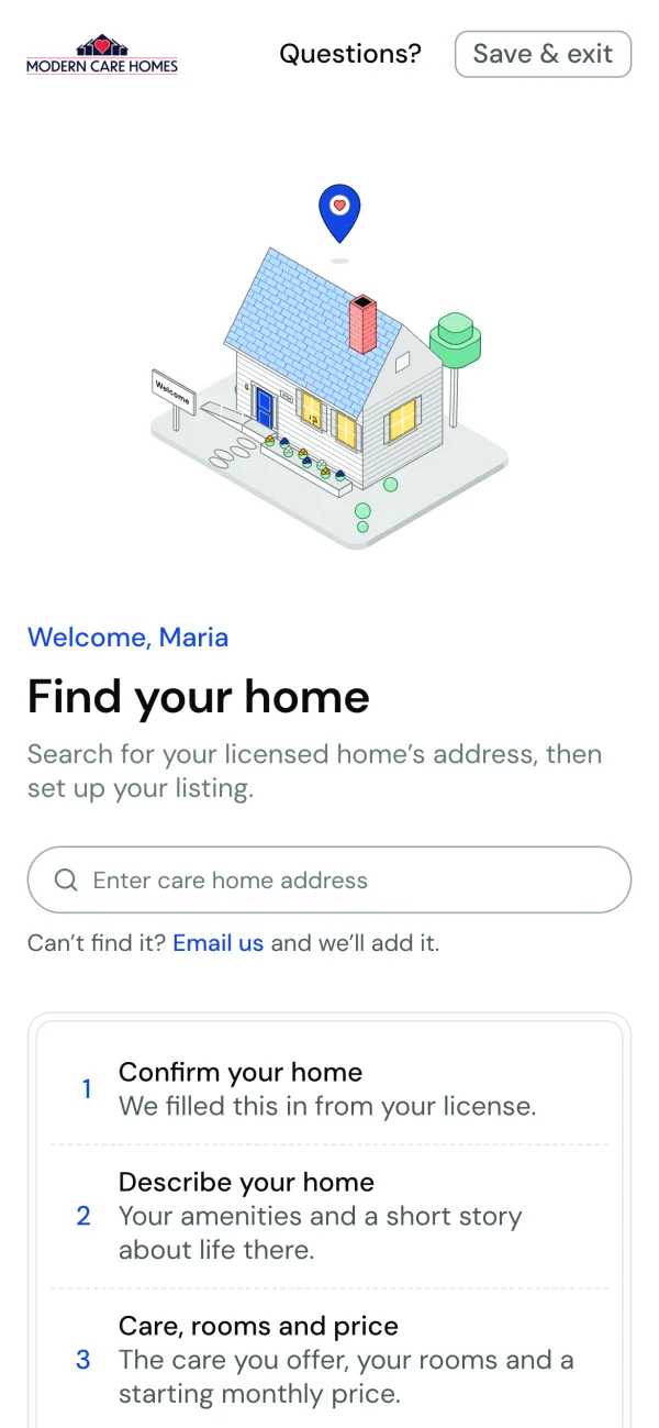 Find your home: a welcome, an isometric house with a map pin, and a search for the licensed home’s address