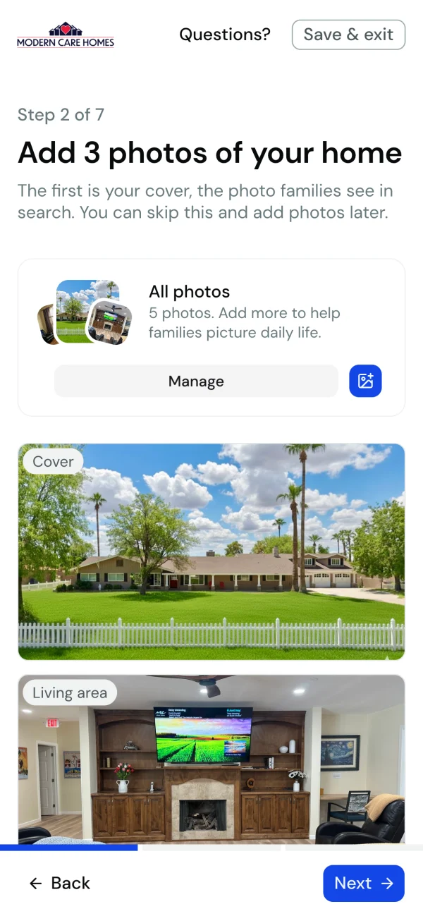 Photos: a cover photo and a living area in named slots, above All photos