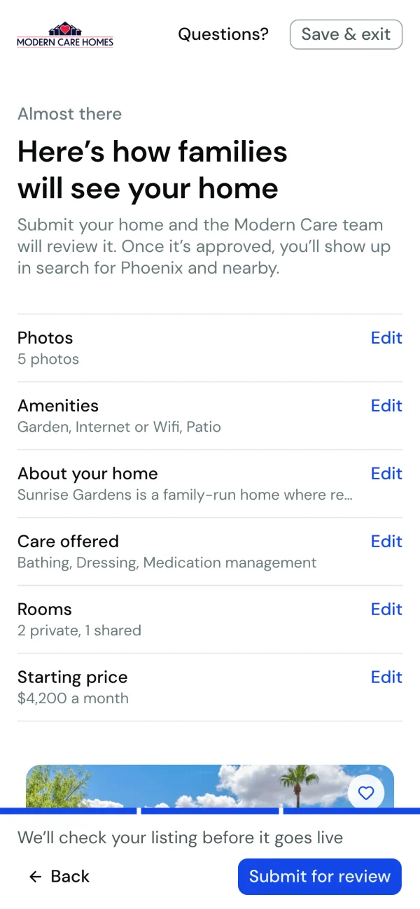 Review: the listing as families will see it, with a summary of every step