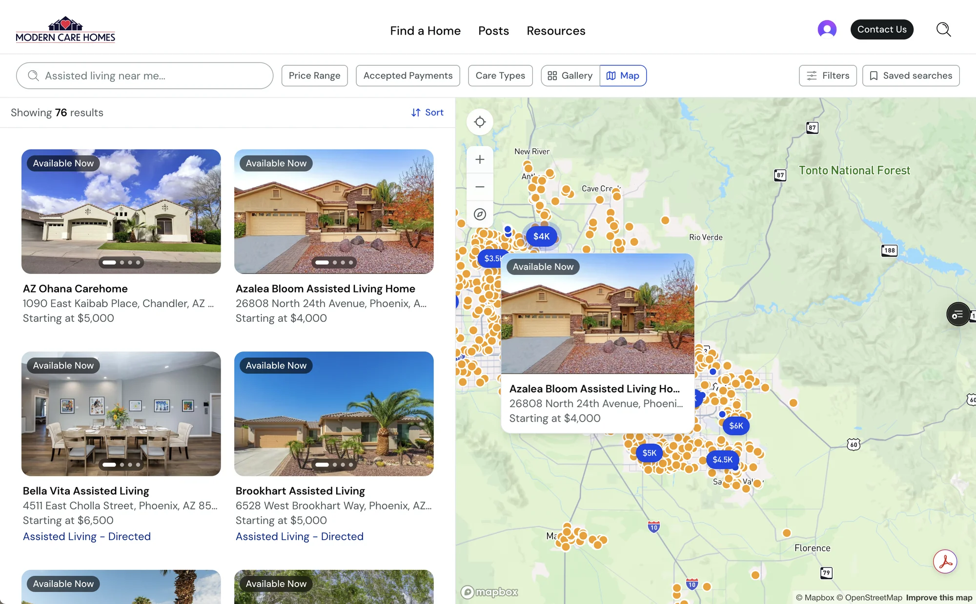 Modern Care Homes search in map view: a grid of available homes with photos and starting prices on the left, and a map of the Phoenix metro on the right with price pins and one home's card open