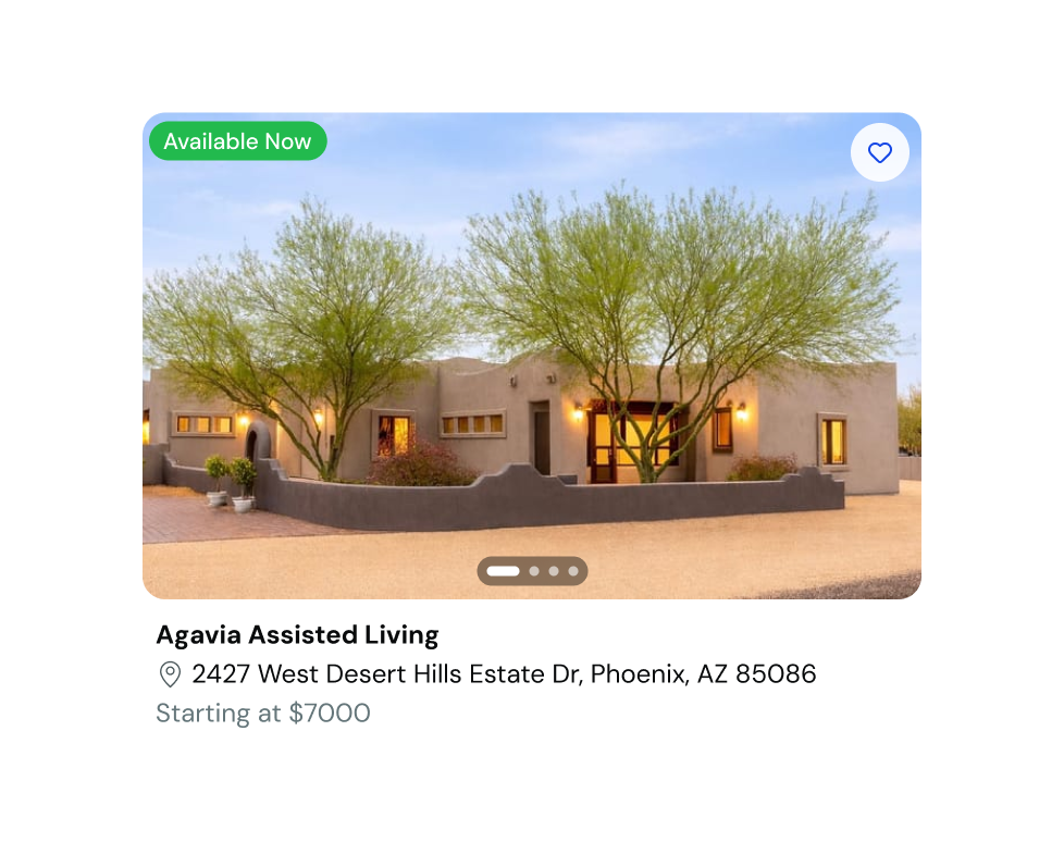 The reworked home card: an Available Now badge, a save control, photo carousel dots, then name, address and price