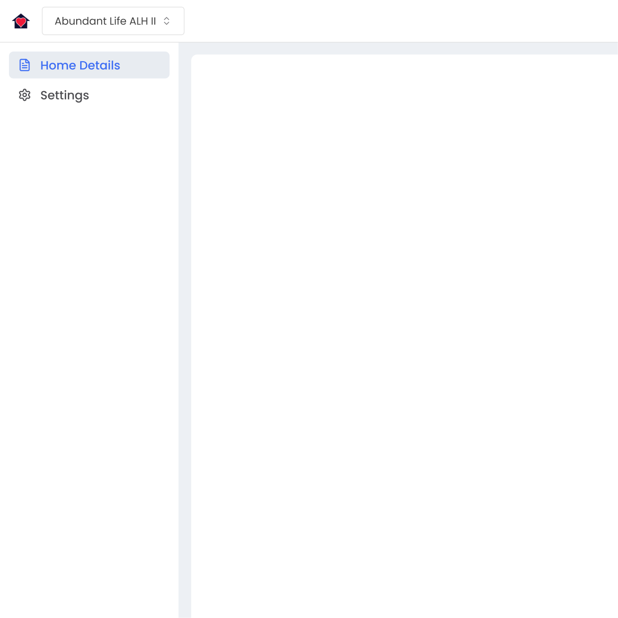 The old agent dashboard shell: a wide sidebar holding only Home Details and Settings, next to an empty content area
