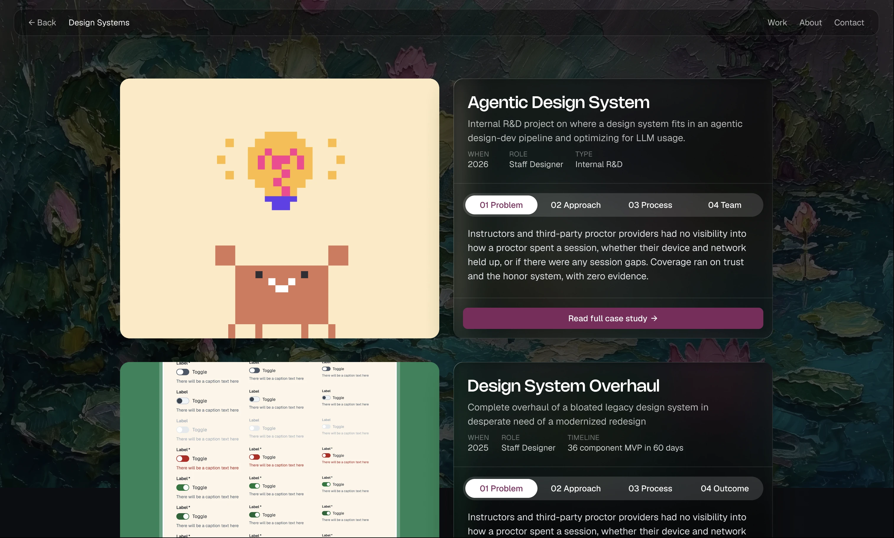 The Design Systems category page from the Astro concept, listing Agentic Design System and Design System Overhaul project cards over a painterly background