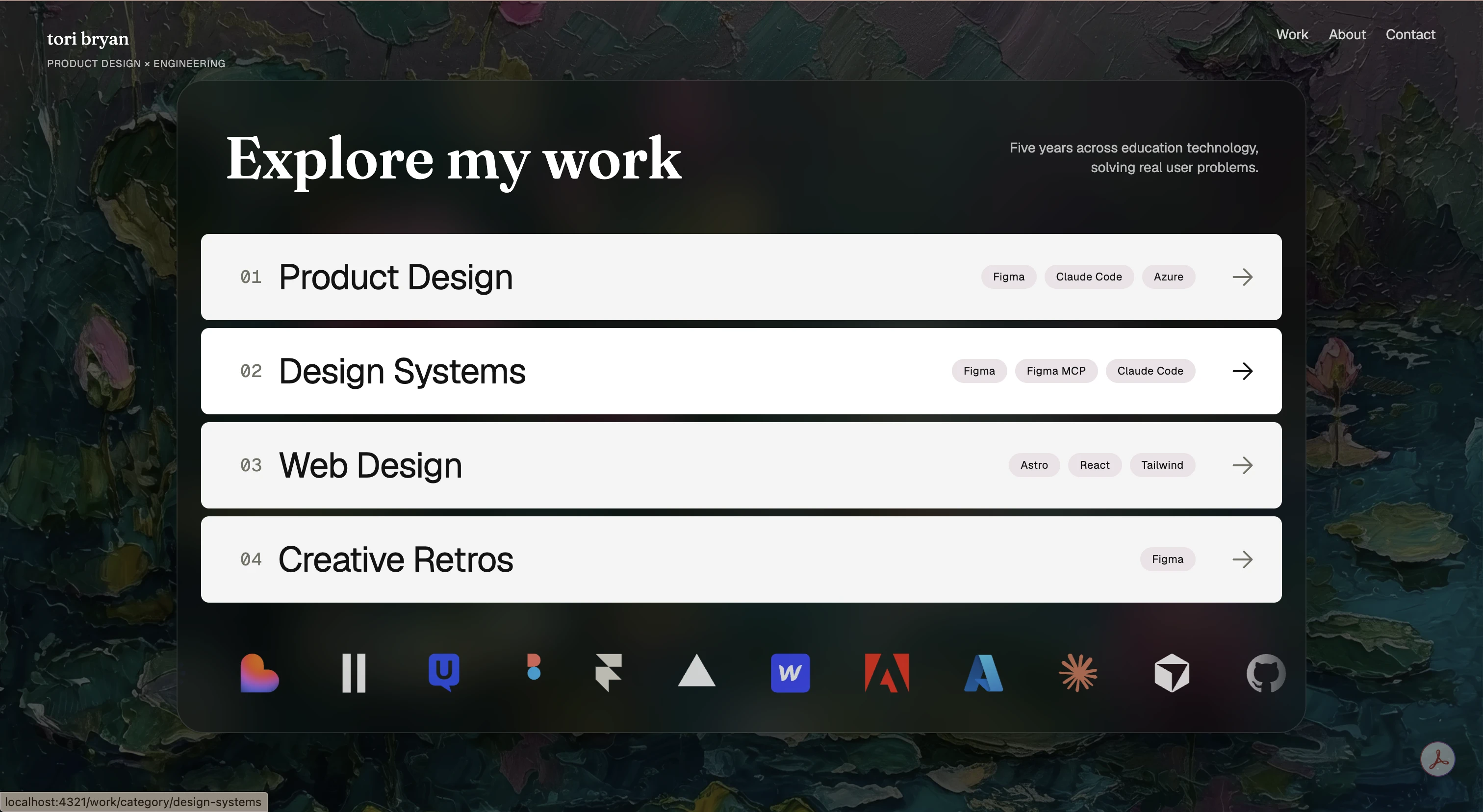 The work index page from the Astro concept, listing Product Design, Design Systems, Web Design, and Creative Retros categories above a row of tool logos
