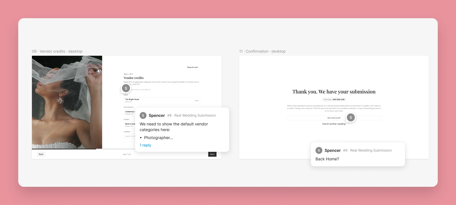 The Design Update canvas in Figma with Spencer's comments pinned on it: #8 on the vendor credits screen, asking to show the default vendor categories, and #9 on the confirmation screen, asking Back Home?