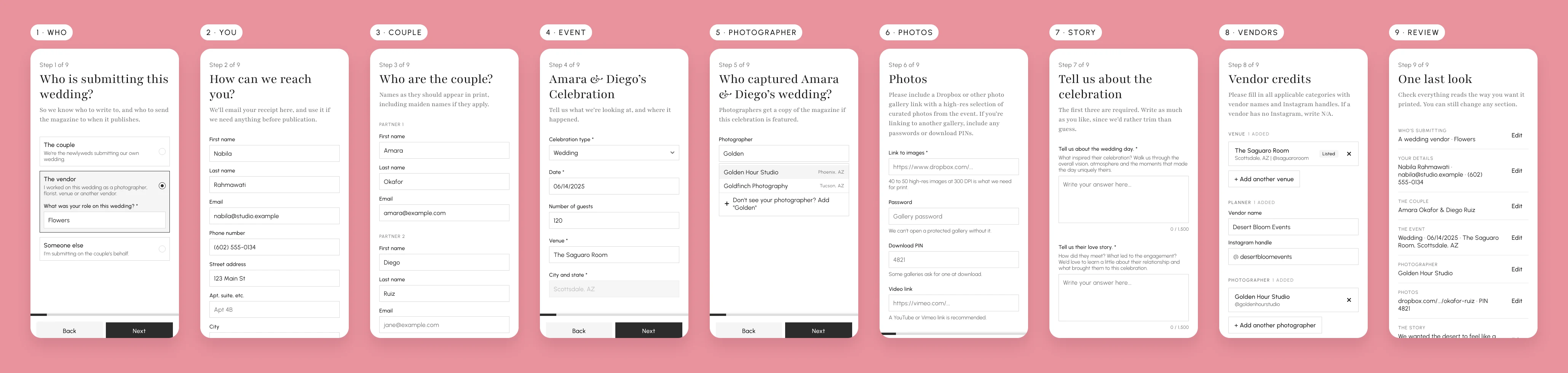 Every step of the wizard on mobile in a vendor's order: who is submitting, your info, the couple, the event, photographer, photos, the story, vendor credits and review