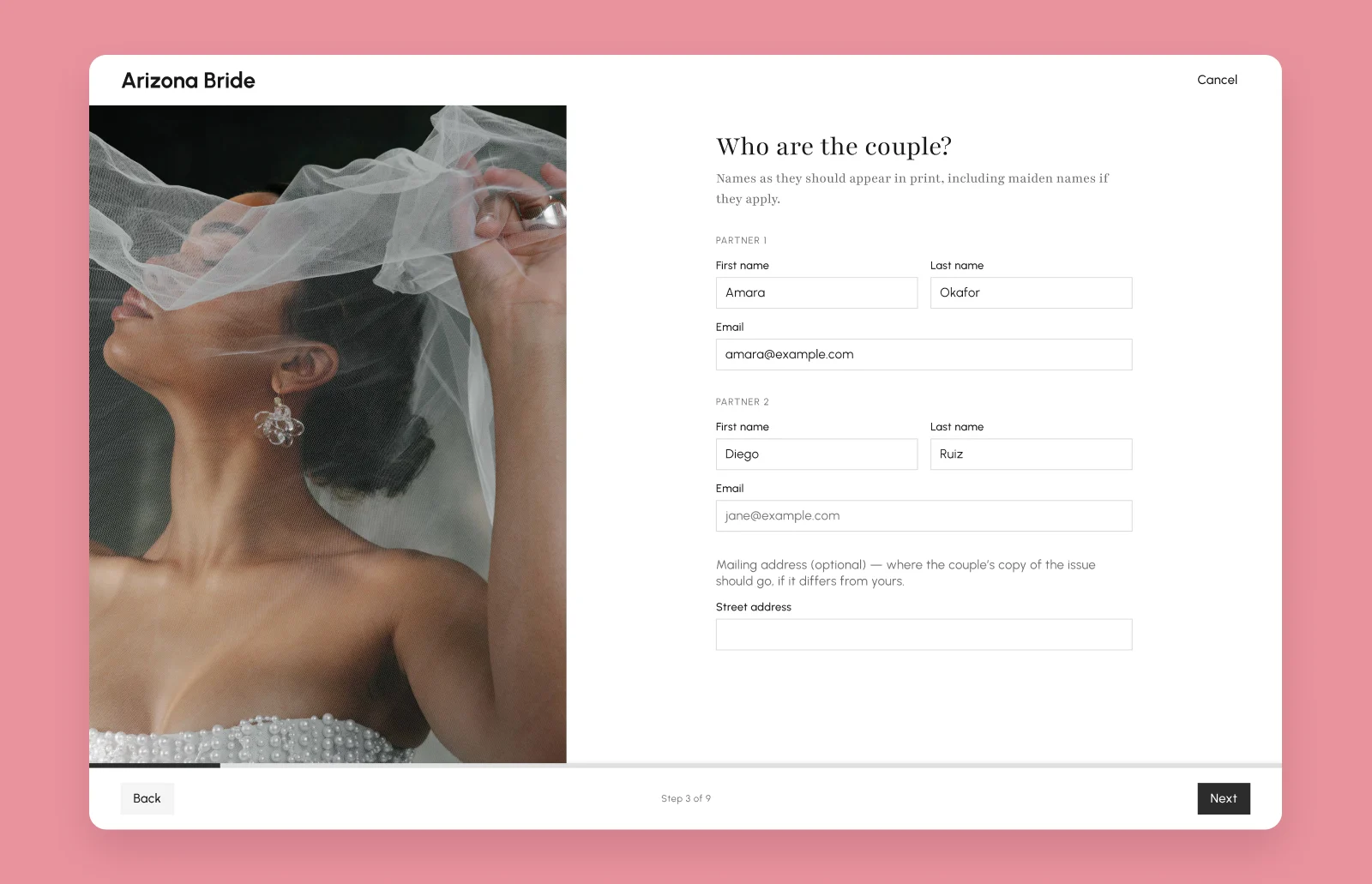 The real wedding submission wizard at desktop width: Couple