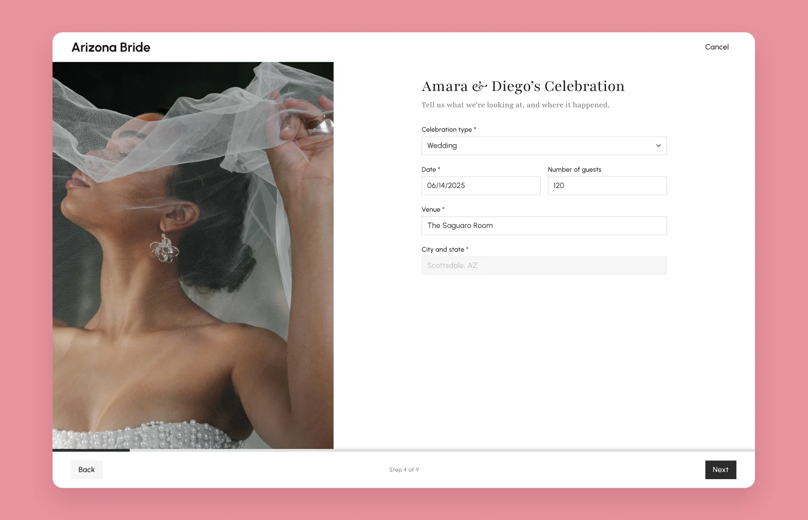 The real wedding submission wizard at desktop width: Event