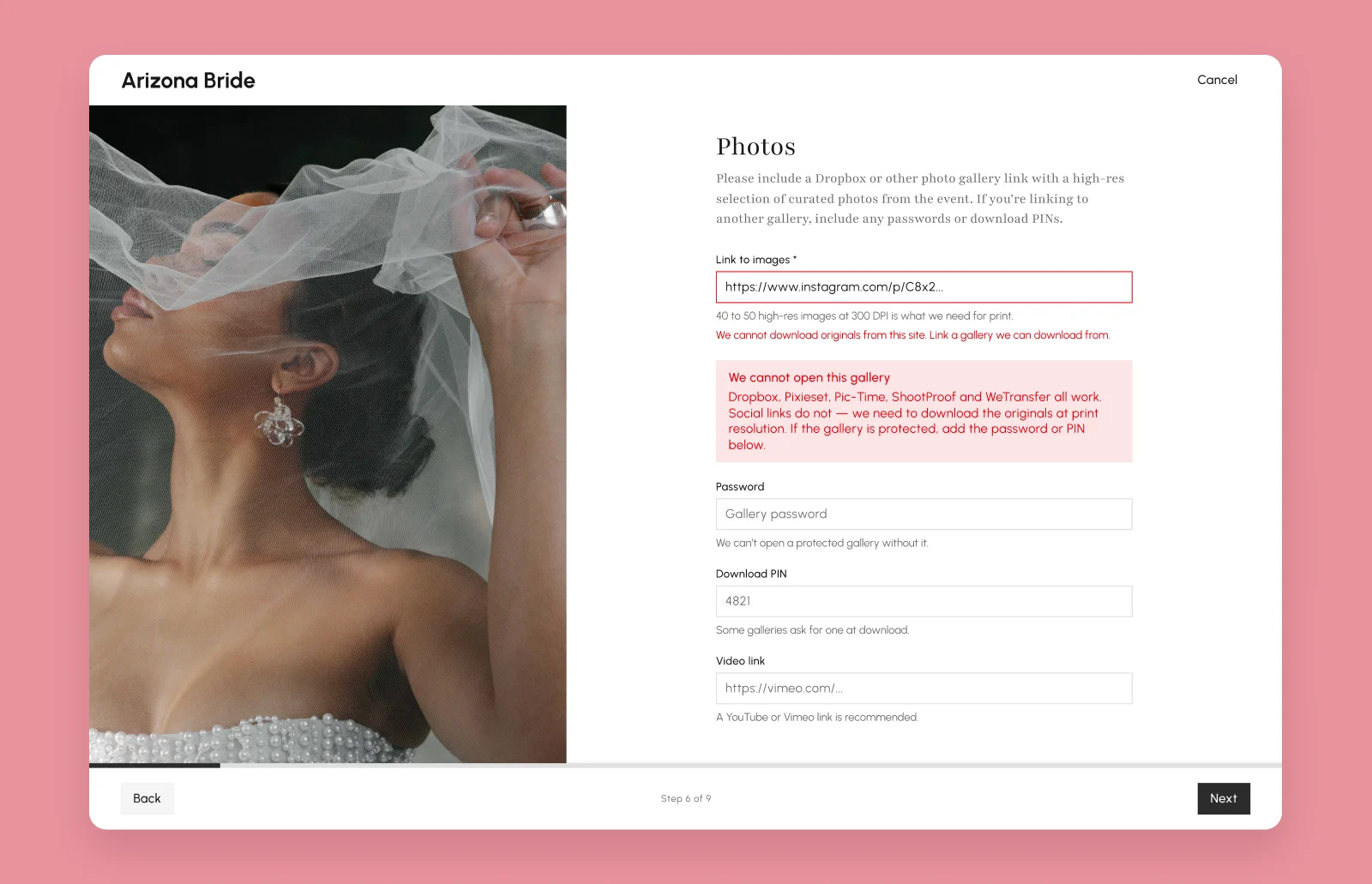 The real wedding submission wizard at desktop width: Photos