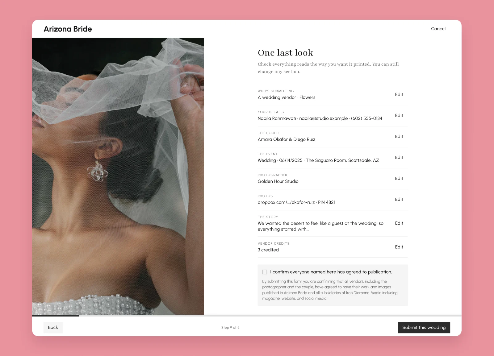 The real wedding submission wizard at desktop width: Review