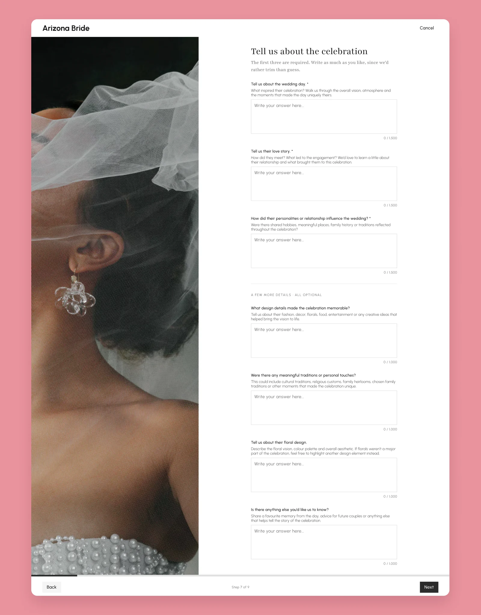 The real wedding submission wizard at desktop width: Story