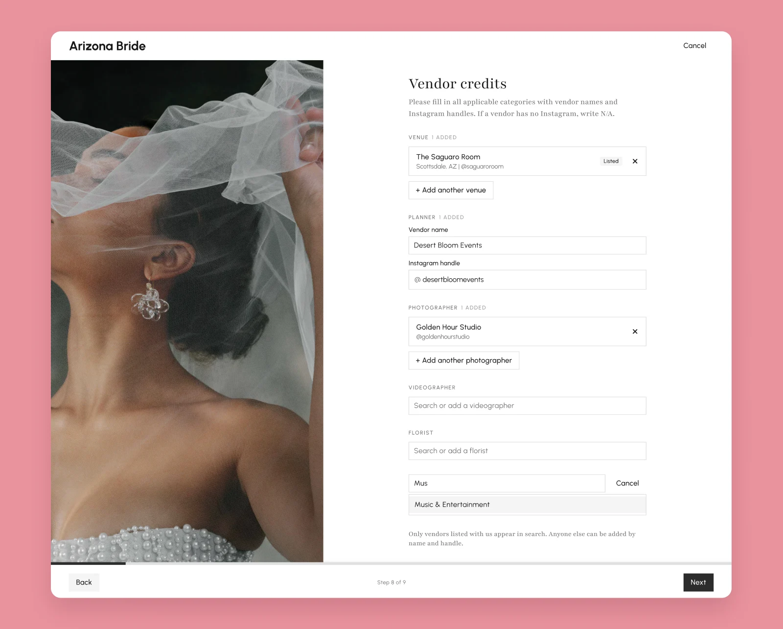 The real wedding submission wizard at desktop width: Vendors