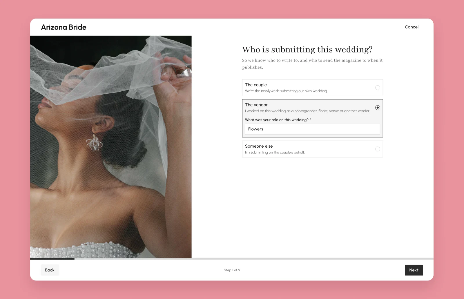 The real wedding submission wizard at desktop width: Who