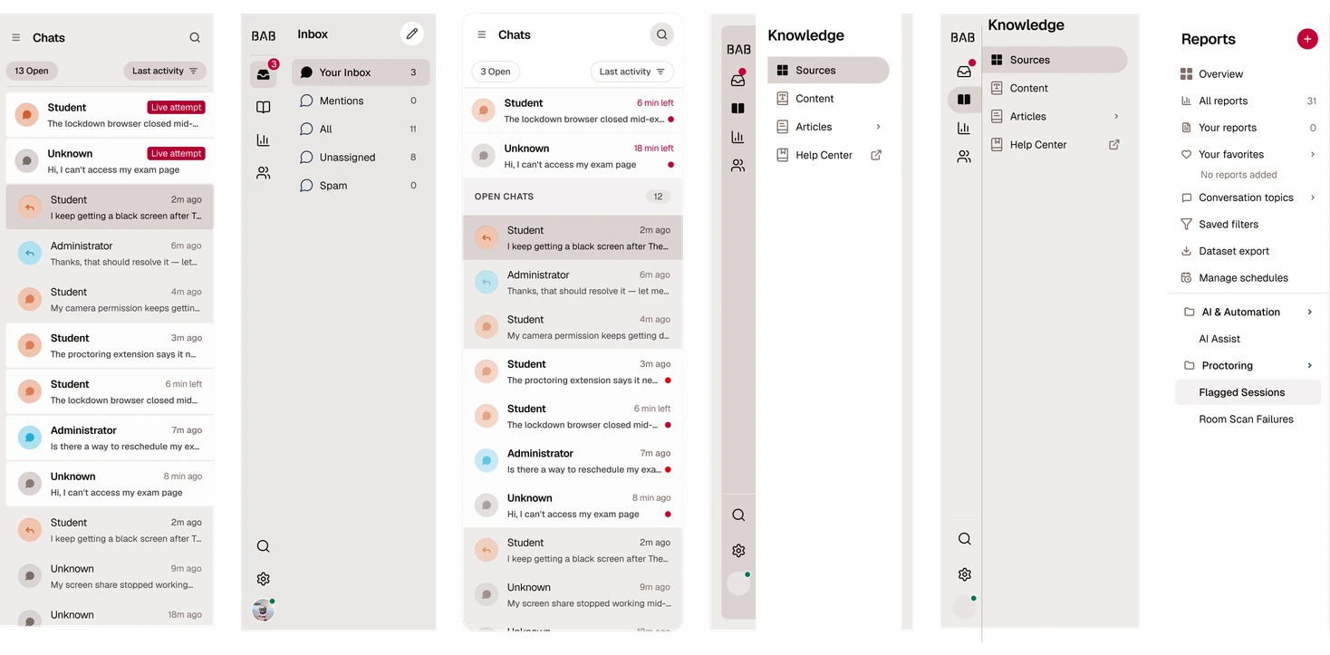 Six side navigation concepts side by side, ranging from a plain chat list to an icon rail with expandable Knowledge and Reports sections