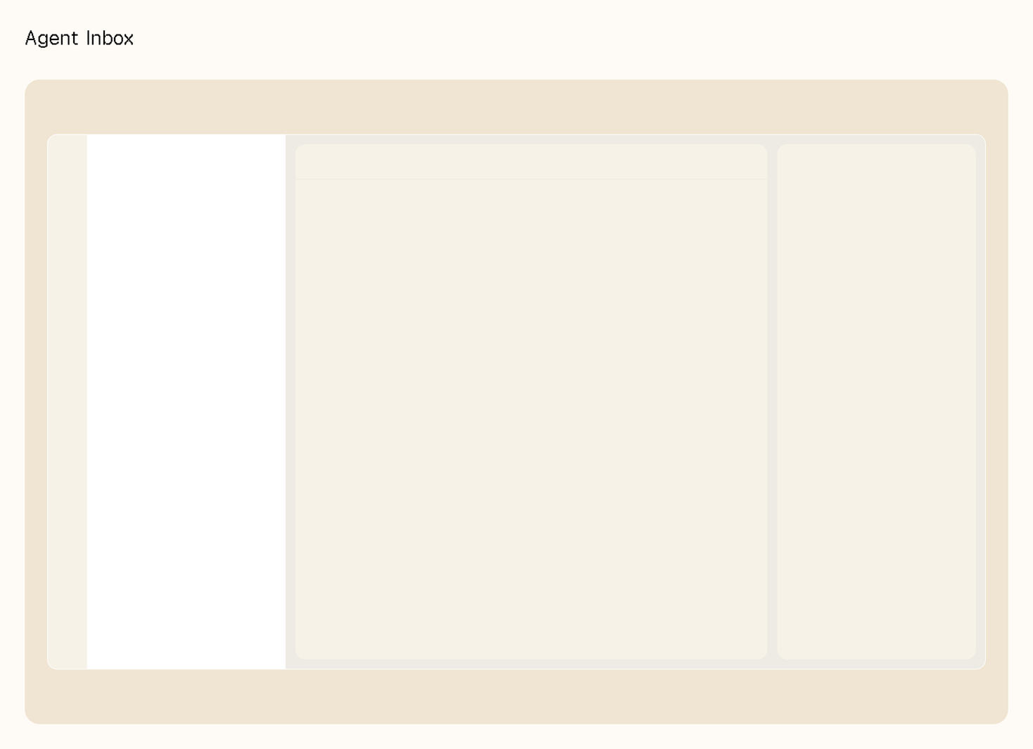 Low-fidelity wireframe of the agent inbox: a narrow icon rail, a conversation list, the thread, and a context panel