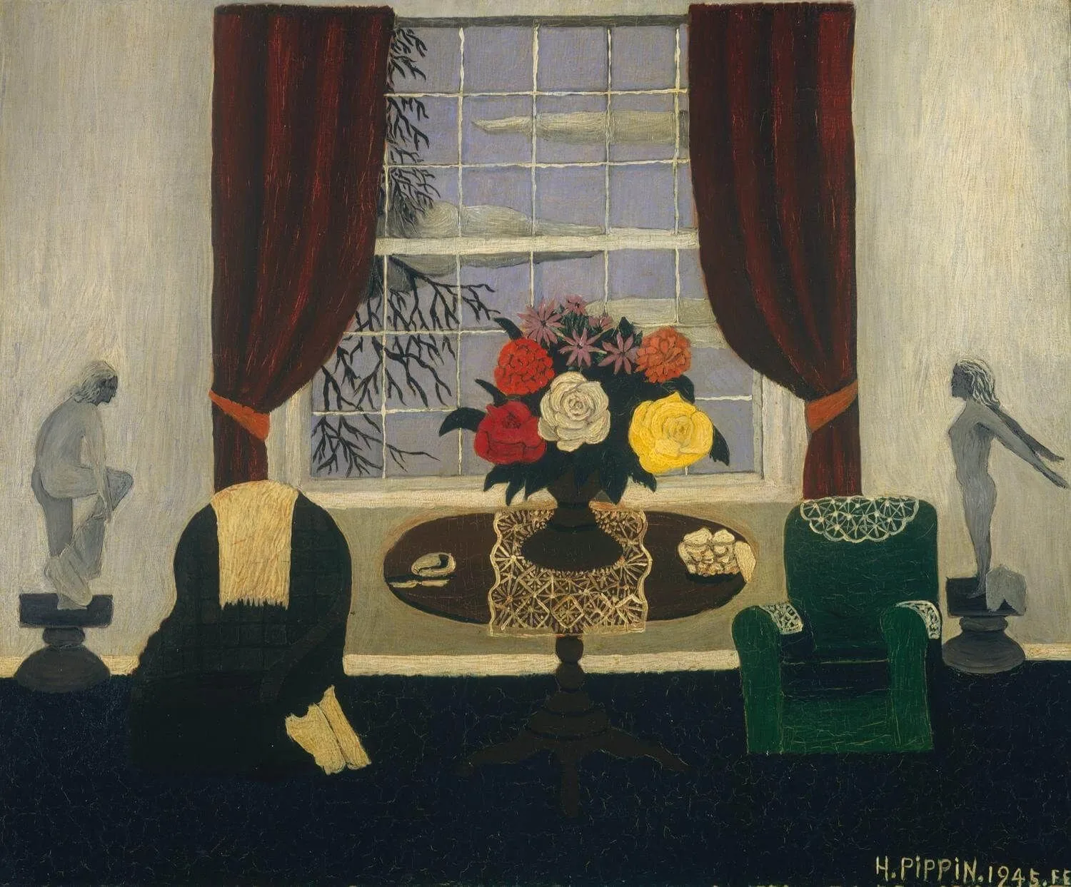 A painted Victorian parlour: a vase of red, white and yellow flowers on a round table before a curtained window, a green armchair to one side and two pale statues flanking the room.